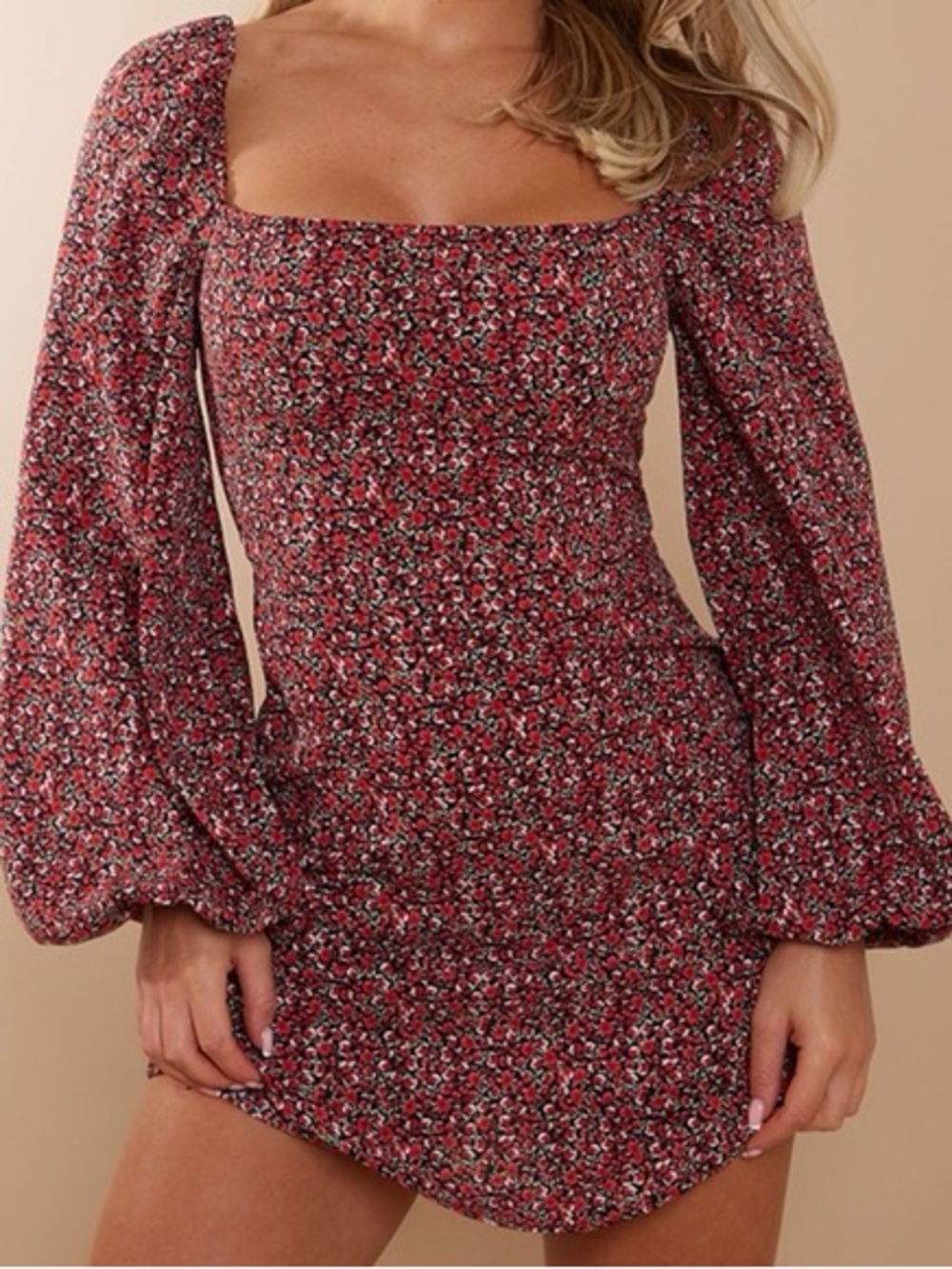 PrettyLittleThing Red Multi Floral Square Neck Mini Dress